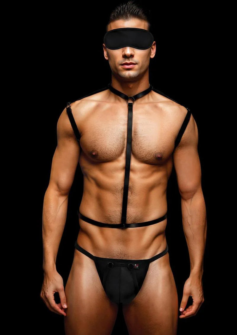 3pc Wetlook Chest Harness with Jockstrap & Eye Mask L/XL